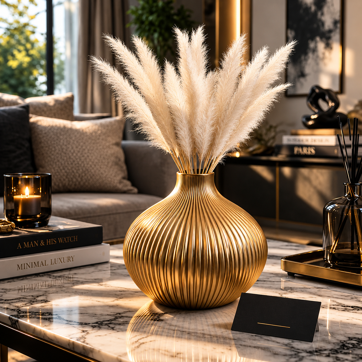 Luxury Ribbed Gold Vase with Pampas – Elegant Decorative Table Accent (1 Piece)