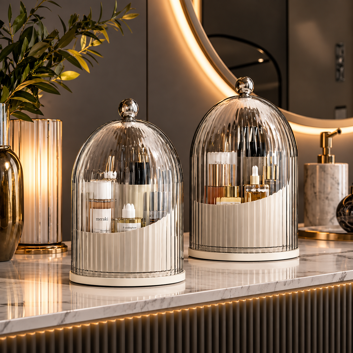 Luxury Ribbed Glass Dome Cosmetic Organizer