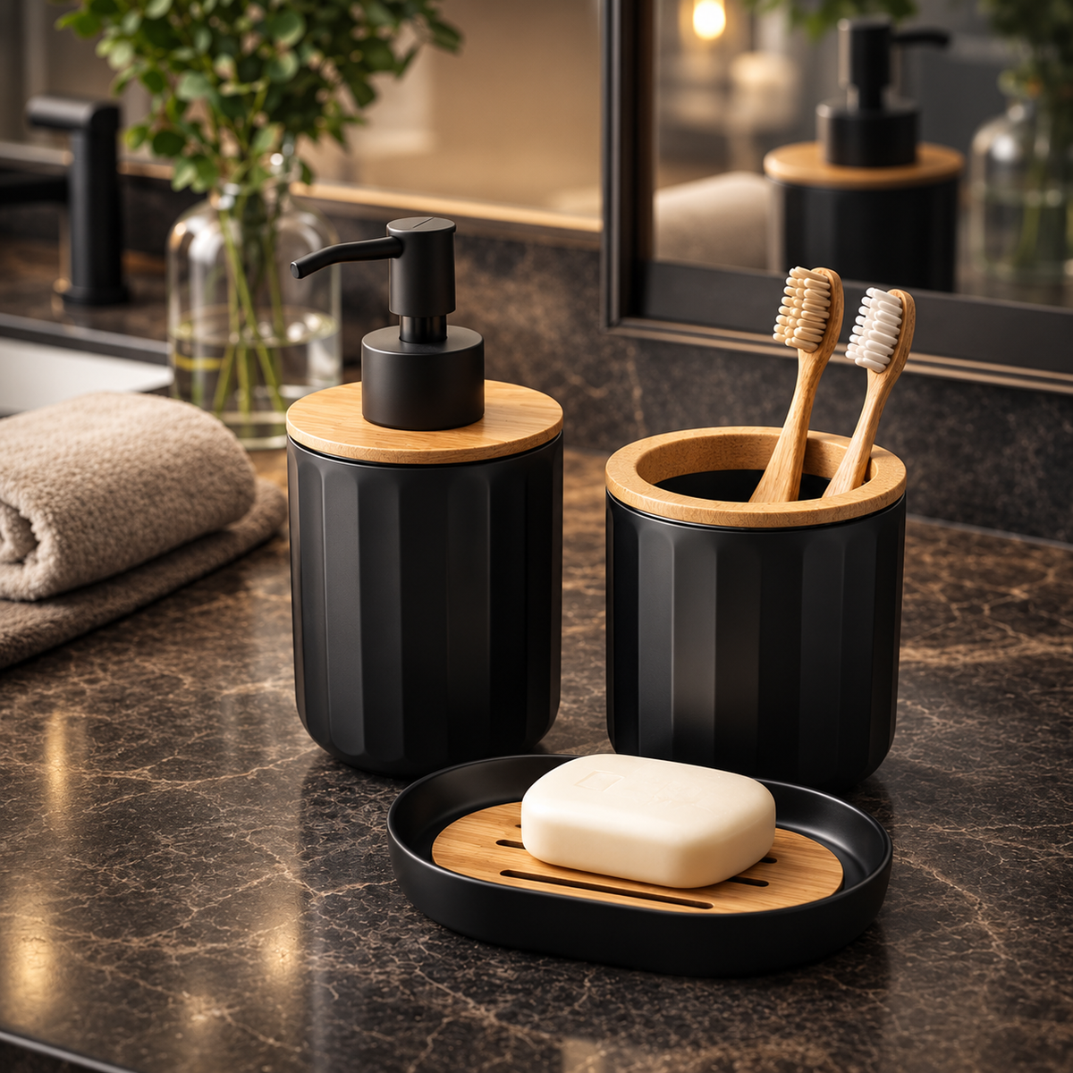 Luxury Bathroom Soap Dispenser Set with Toothbrush Holder & Soap Dish (3-Piece Countertop Organizer)