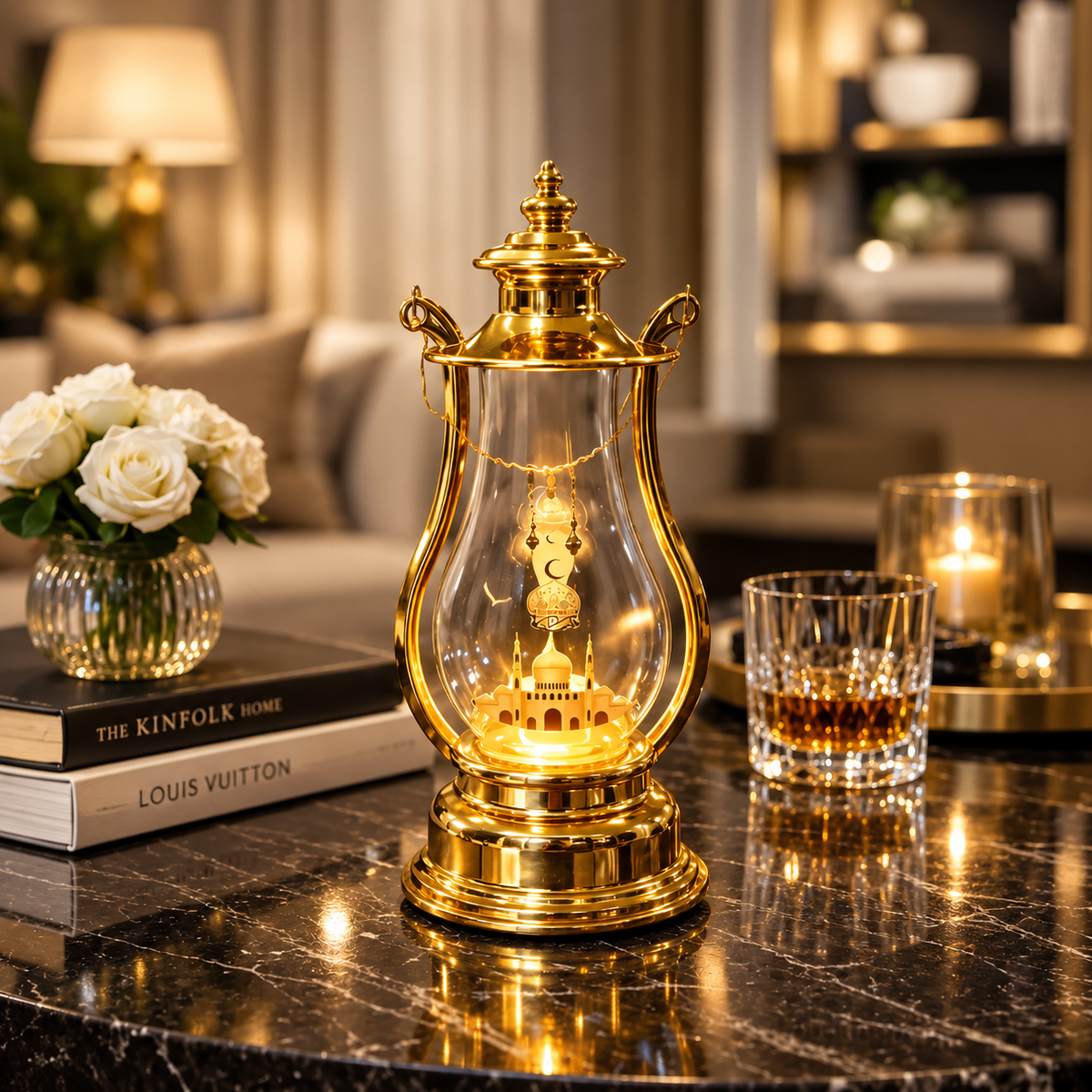 Luxury Golden Decorative Lantern Lamp with LED Ambient Light