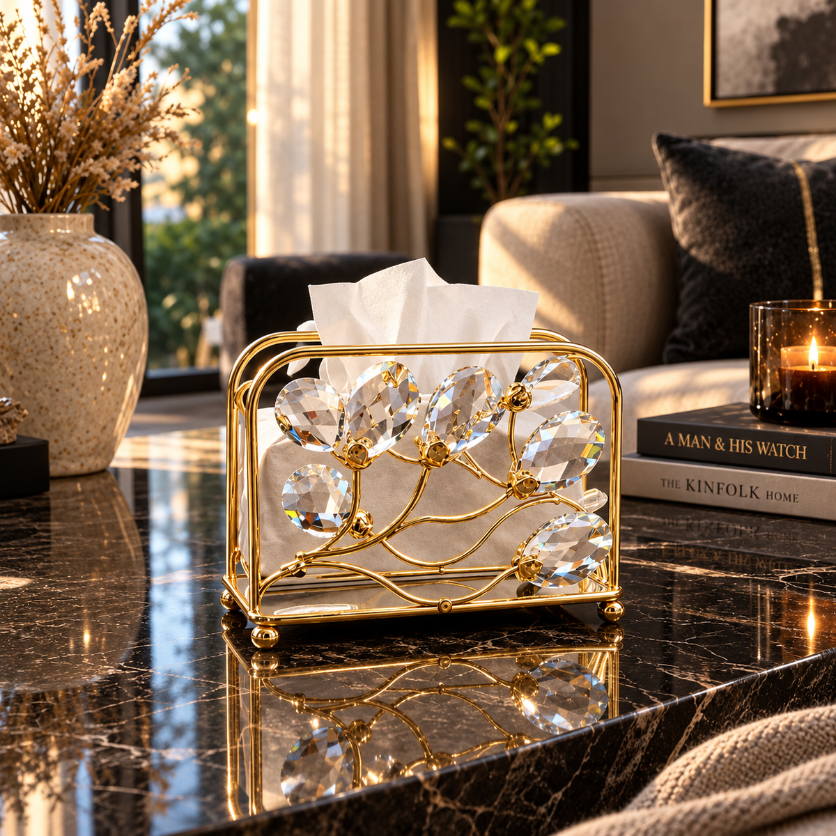 Luxury Crystal Gold Tissue Holder Stand – Premium Decorative Tissue Box Cover for Living Room & Table