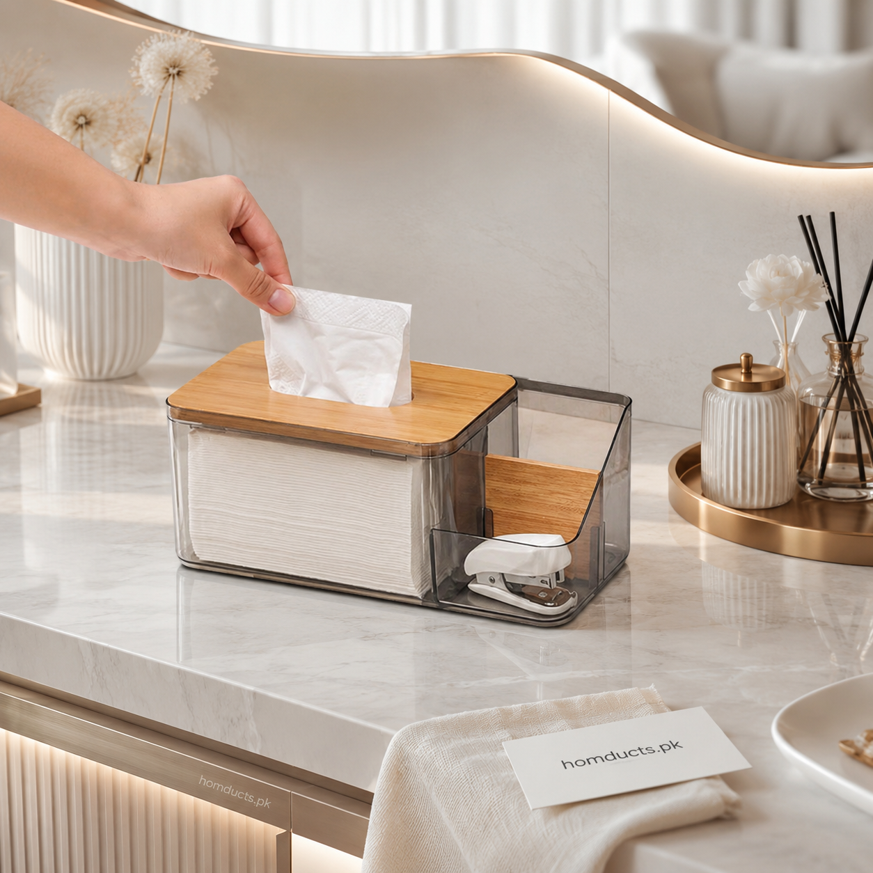 Luxury Transparent Acrylic Tissue Box Organizer with Multi-Purpose Storage Compartment & Wooden Lid