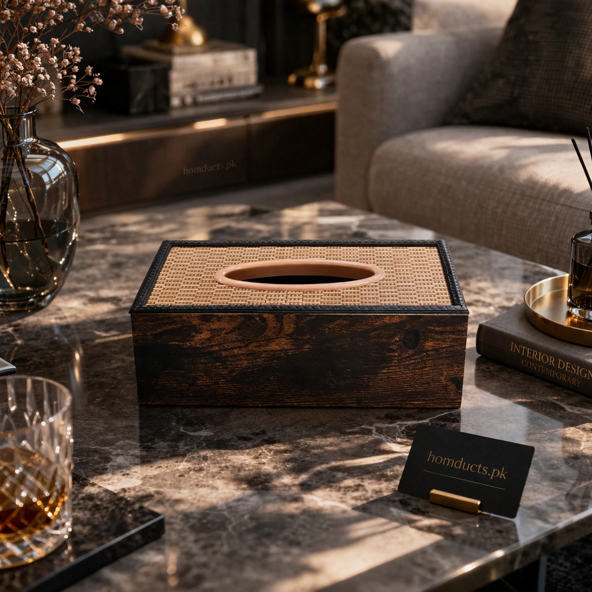 Luxury Wooden Tissue Box Holder with Woven Pattern Top & Textured Finish | Premium Decorative Tissue Organizer