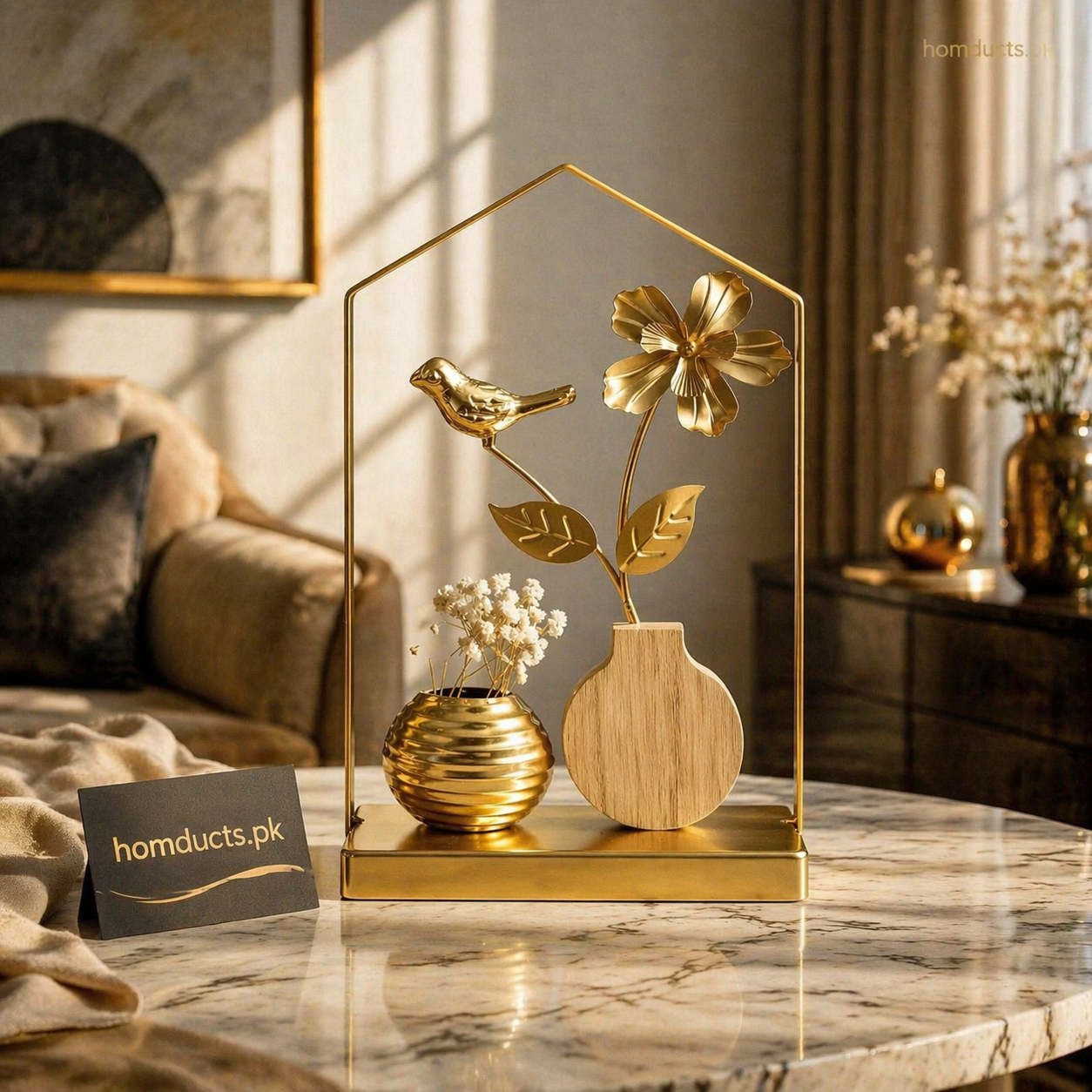 Luxury Golden Bird & Floral Frame Decor with Mini Vase Set – Elegant Tabletop Home Accent Piece
