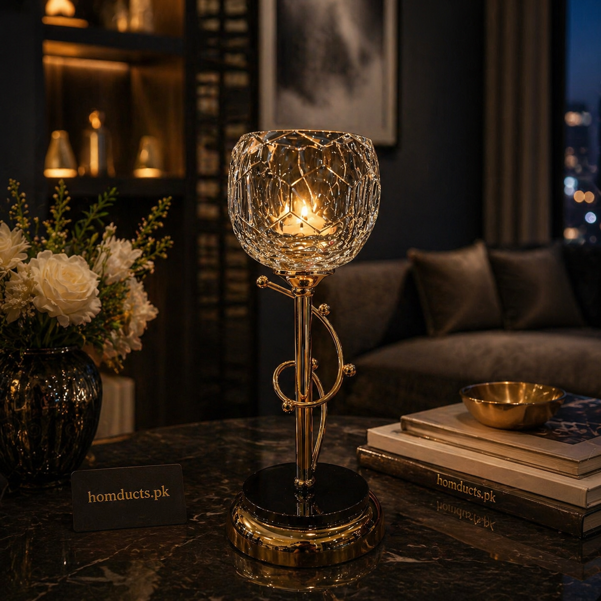 Luxury Crystal Glass Candle Holder with Metal Stand – Elegant Table Decor (1 Pc)