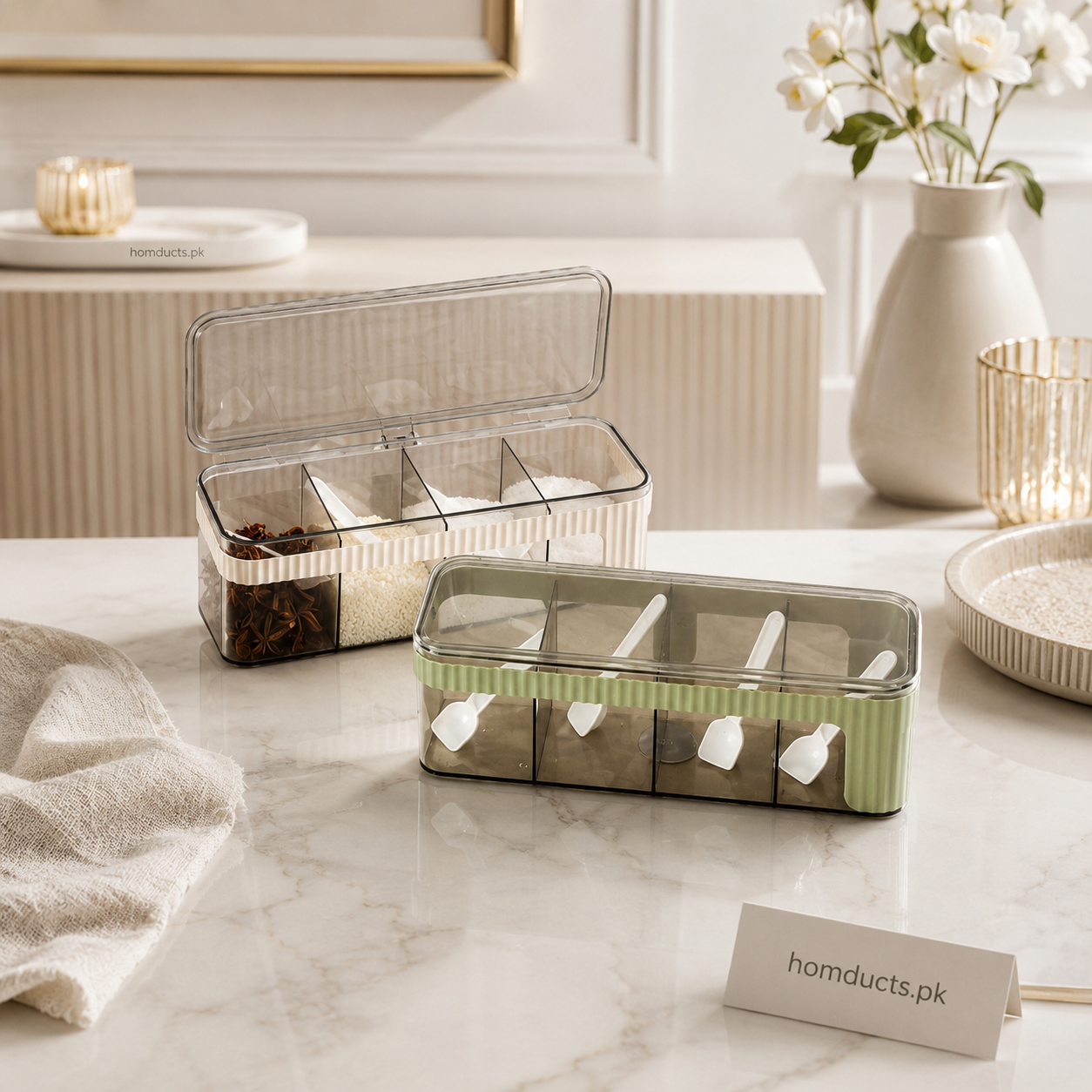 4-Compartment Acrylic Spice Storage Box with Spoons & Airtight Lid | Multi-Section Kitchen Seasoning Organizer (1 Pc)