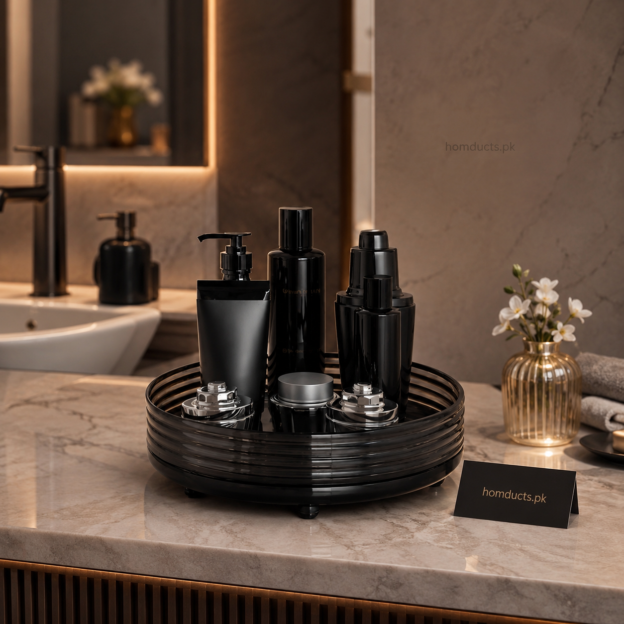 Luxury 360° Rotating Transparent Organizer Tray – Black (Premium Vanity & Countertop Storage)
