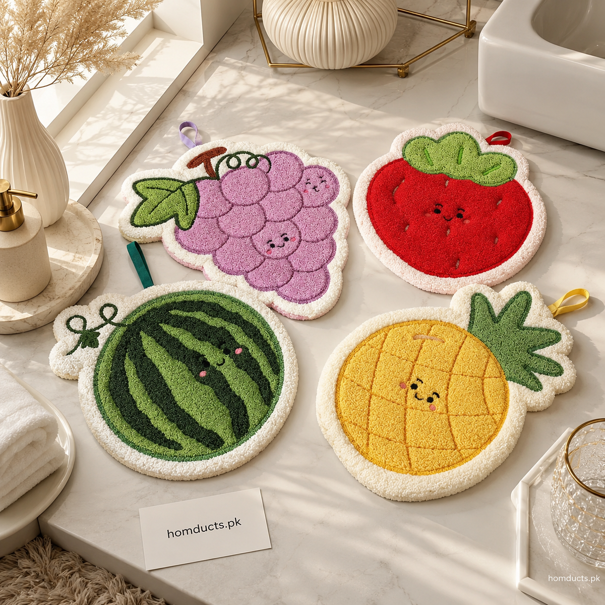 Cute Fruit Shape Soft Absorbent Non-Slip Floor Mat | Plush Decorative Rug (4PCS Set)