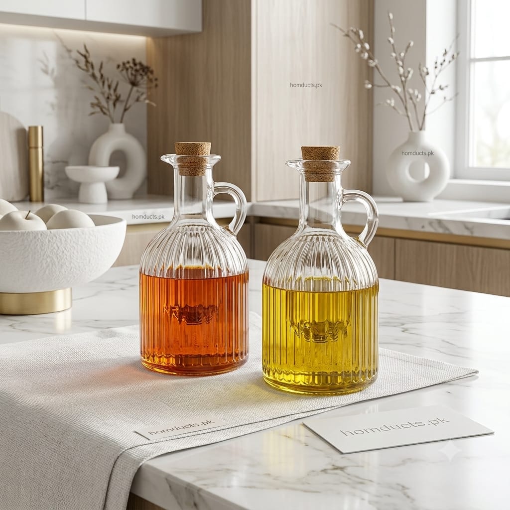 Danny Home 350ml Glass Oil & Vinegar Dispenser Bottle Set (2 Pcs) – Premium Glassware Caddy with Cork Stopper for Kitchen & Dining