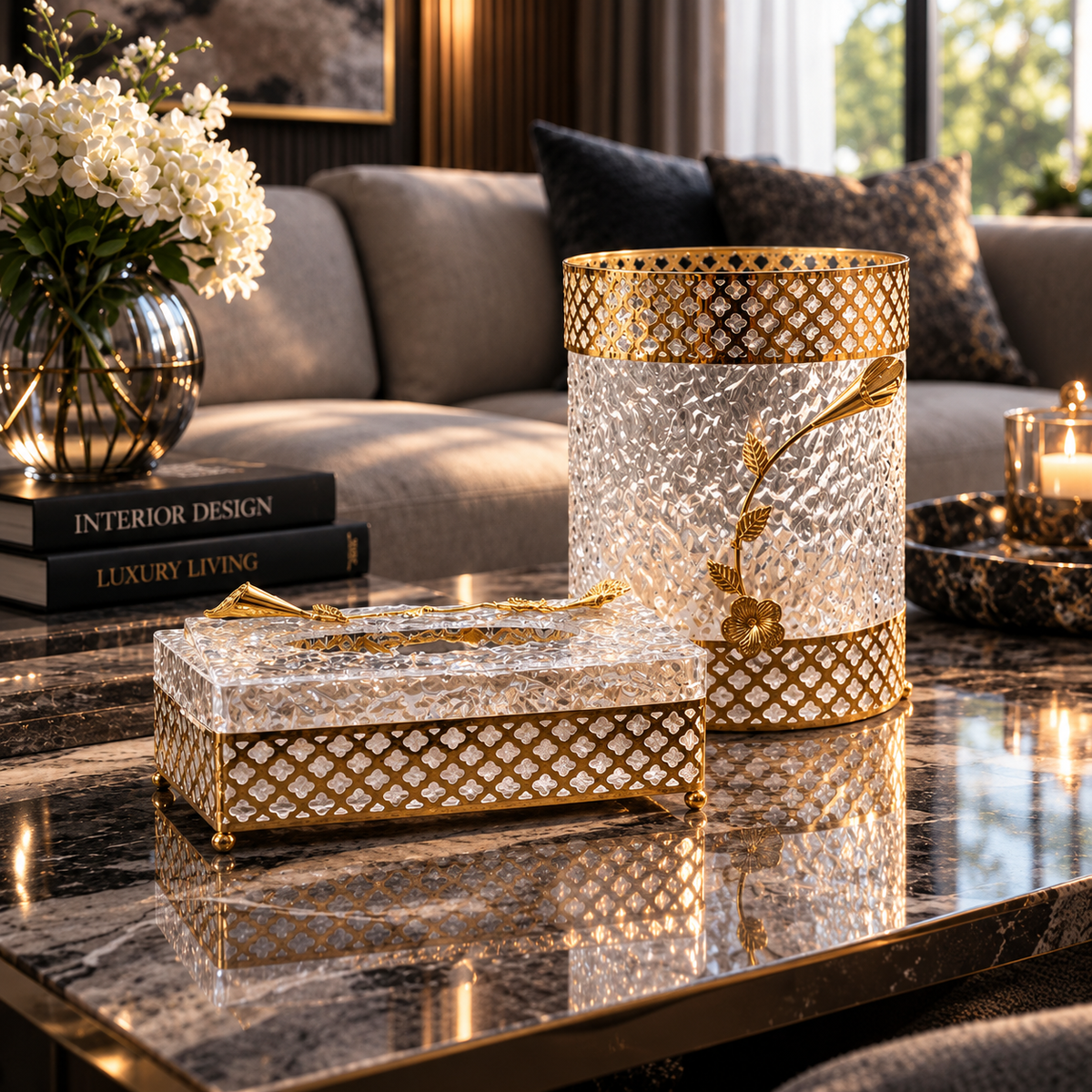 Luxury Crystal Glass Tissue Box & Decorative Storage Jar Set – Premium Gold Finish Organizer