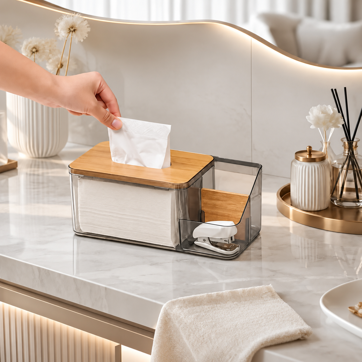 Luxury Transparent Acrylic Tissue Box Organizer with Multi-Purpose Storage Compartment & Wooden Lid