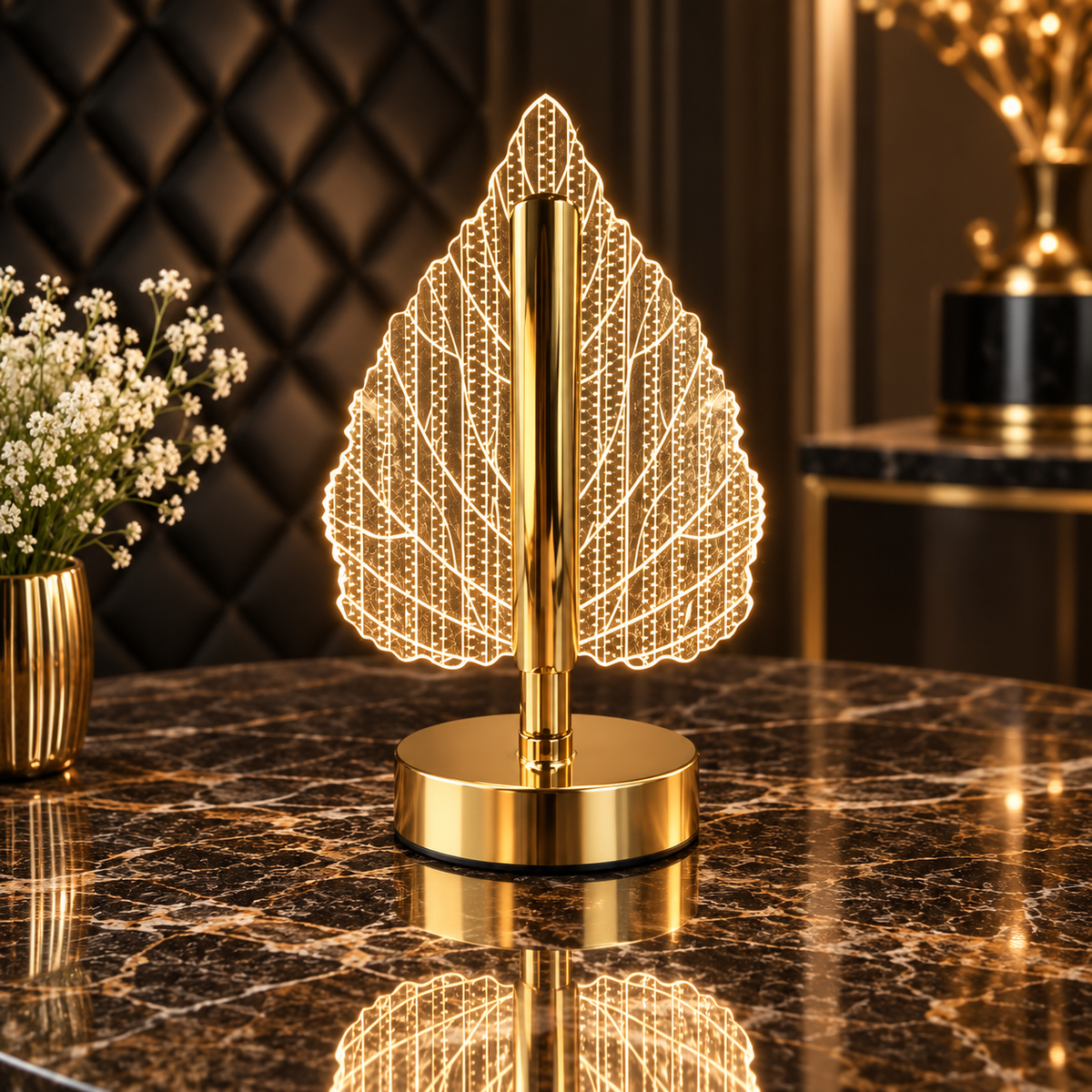 Luxury Crystal Leaf LED Table Lamp – Modern Golden Decorative Night Light for Bedroom, Living Room & Office