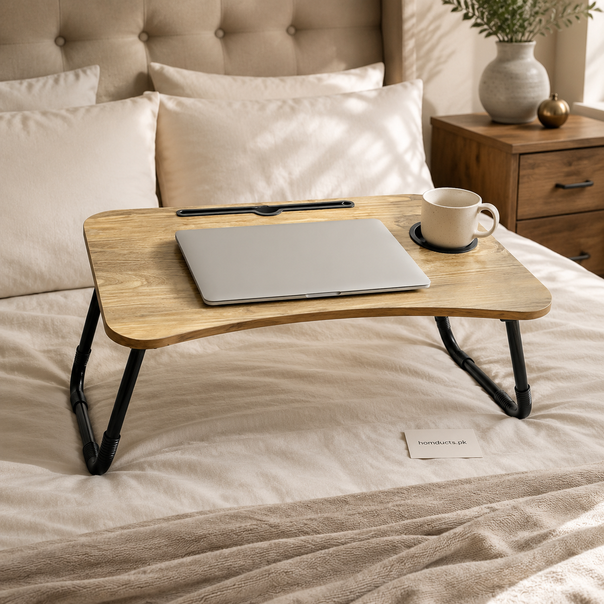 Foldable Laptop Bed Table with Cup Holder & Device Slot