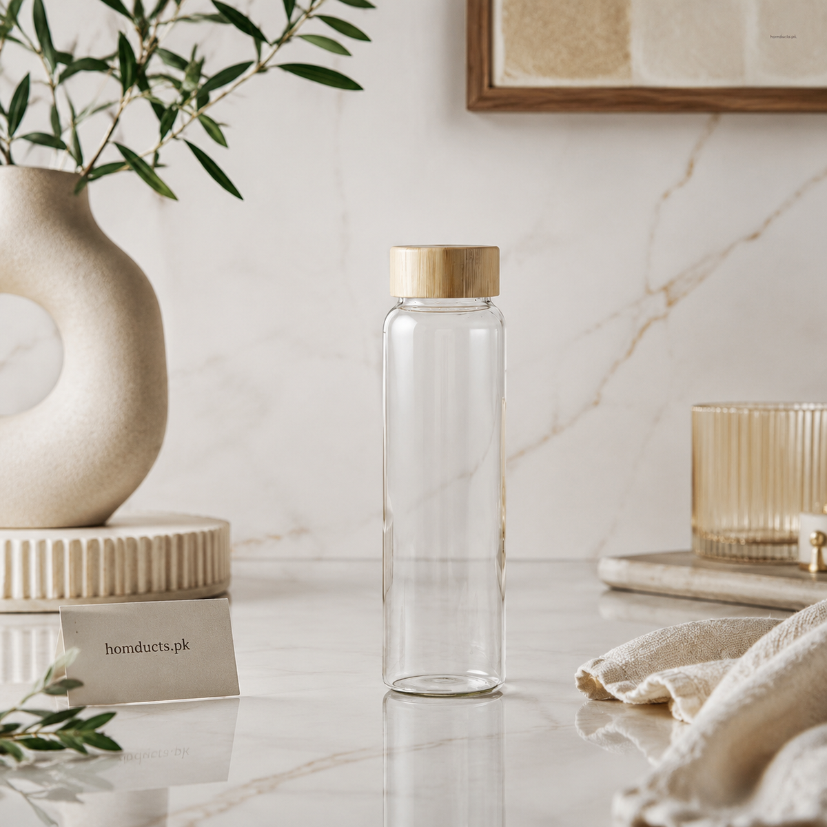 Clear Glass Cylinder Water Bottle with Wooden Lid – 500ml