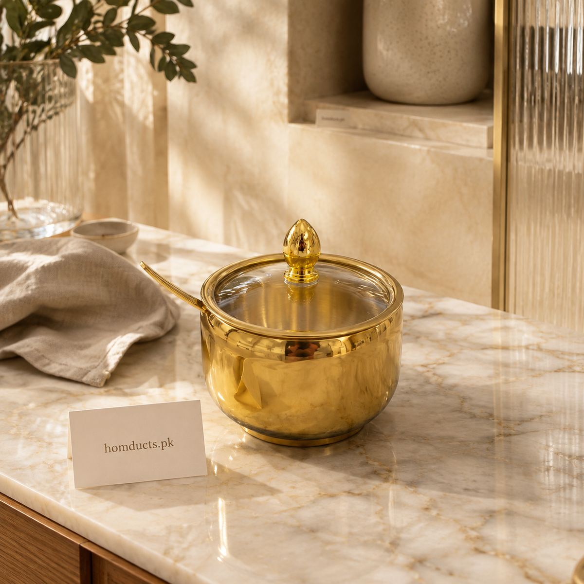 Golden Condiment Jar with Glass Lid & Spoon