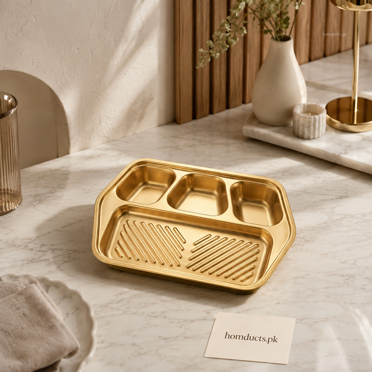 Golden Stainless Steel Divided Serving Tray – 23 × 16cm