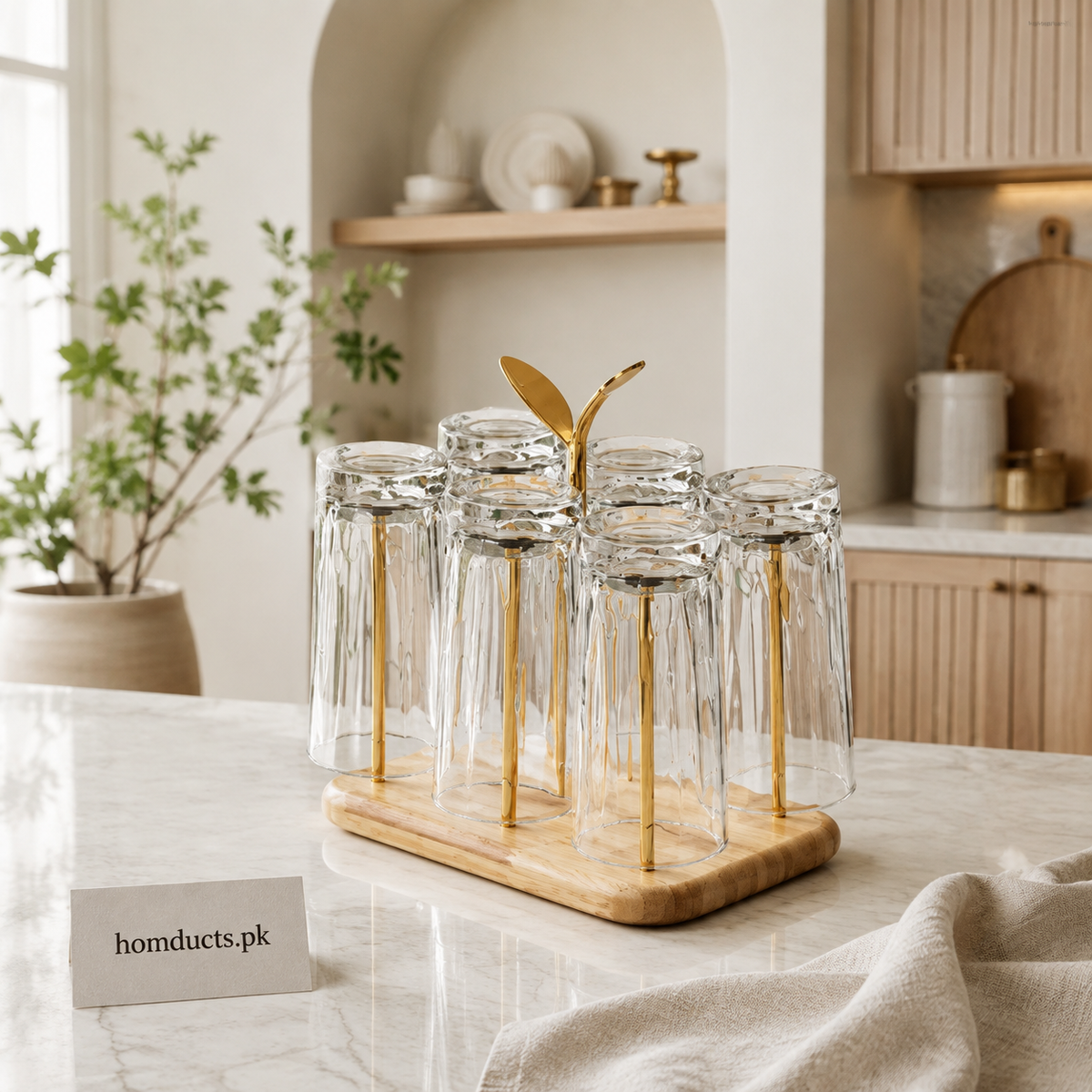 Golden Glass Holder Stand with Wooden Base – 6 Glass Set