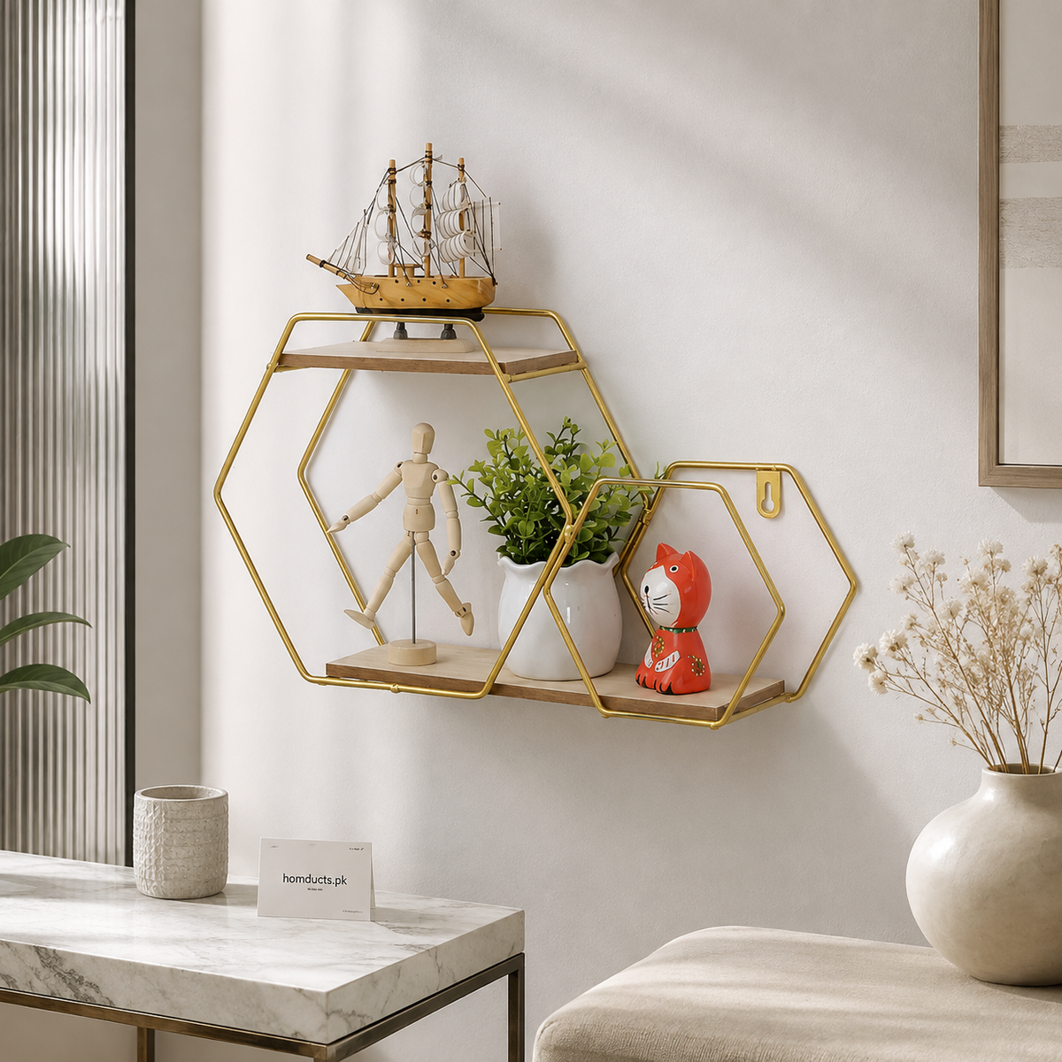 Golden 2-Tier Hexagon Wall Shelf