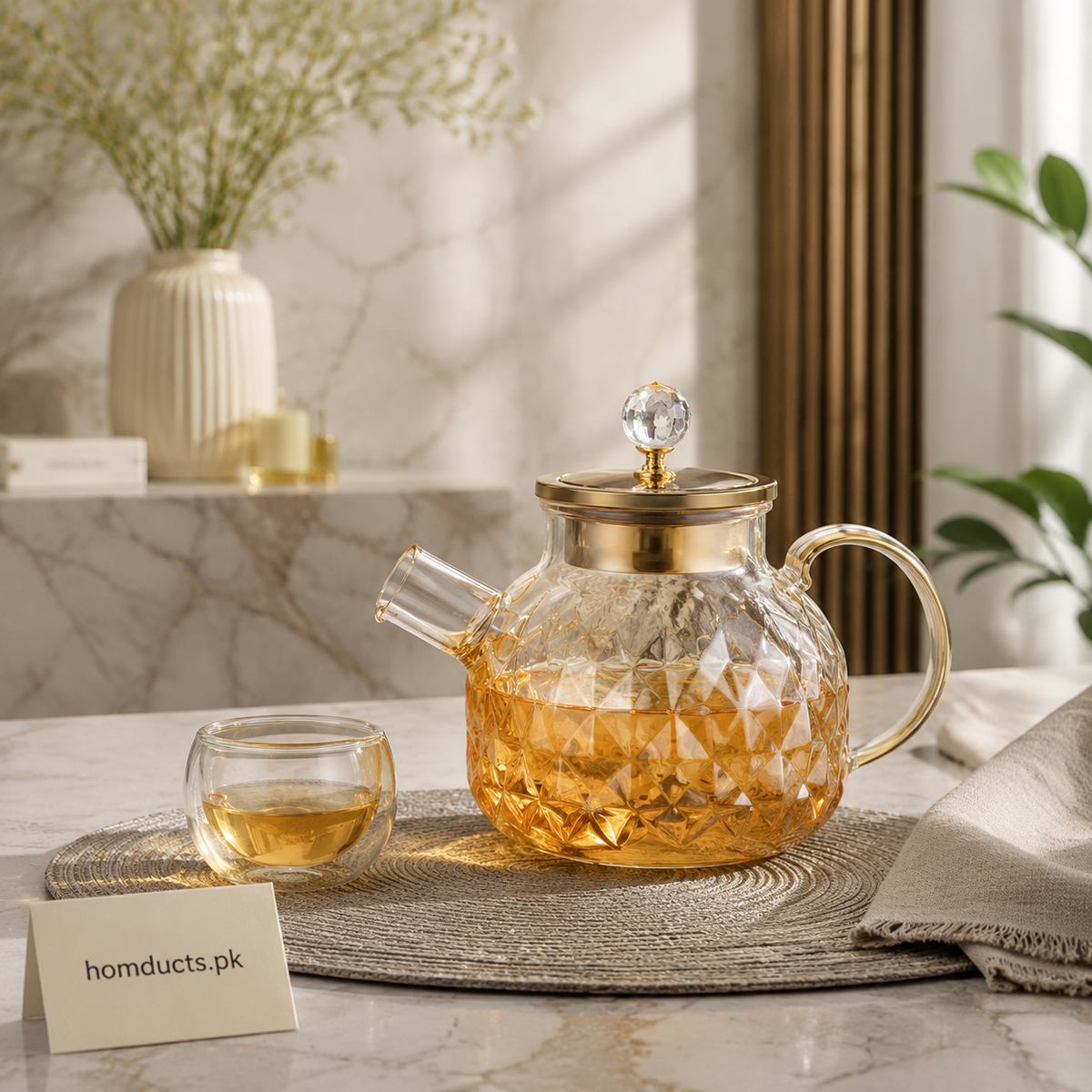 1000ml Golden Faceted Glass Teapot