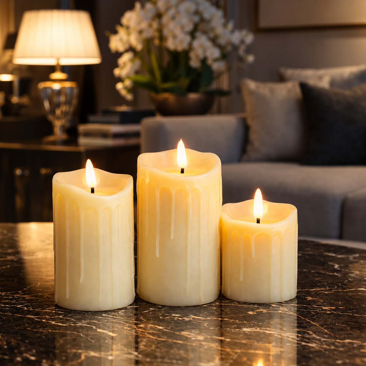 Luxury Flameless LED Pillar Candle Set – Realistic Flickering Warm Light Decorative Candles (Set of 3 Large Sizes)