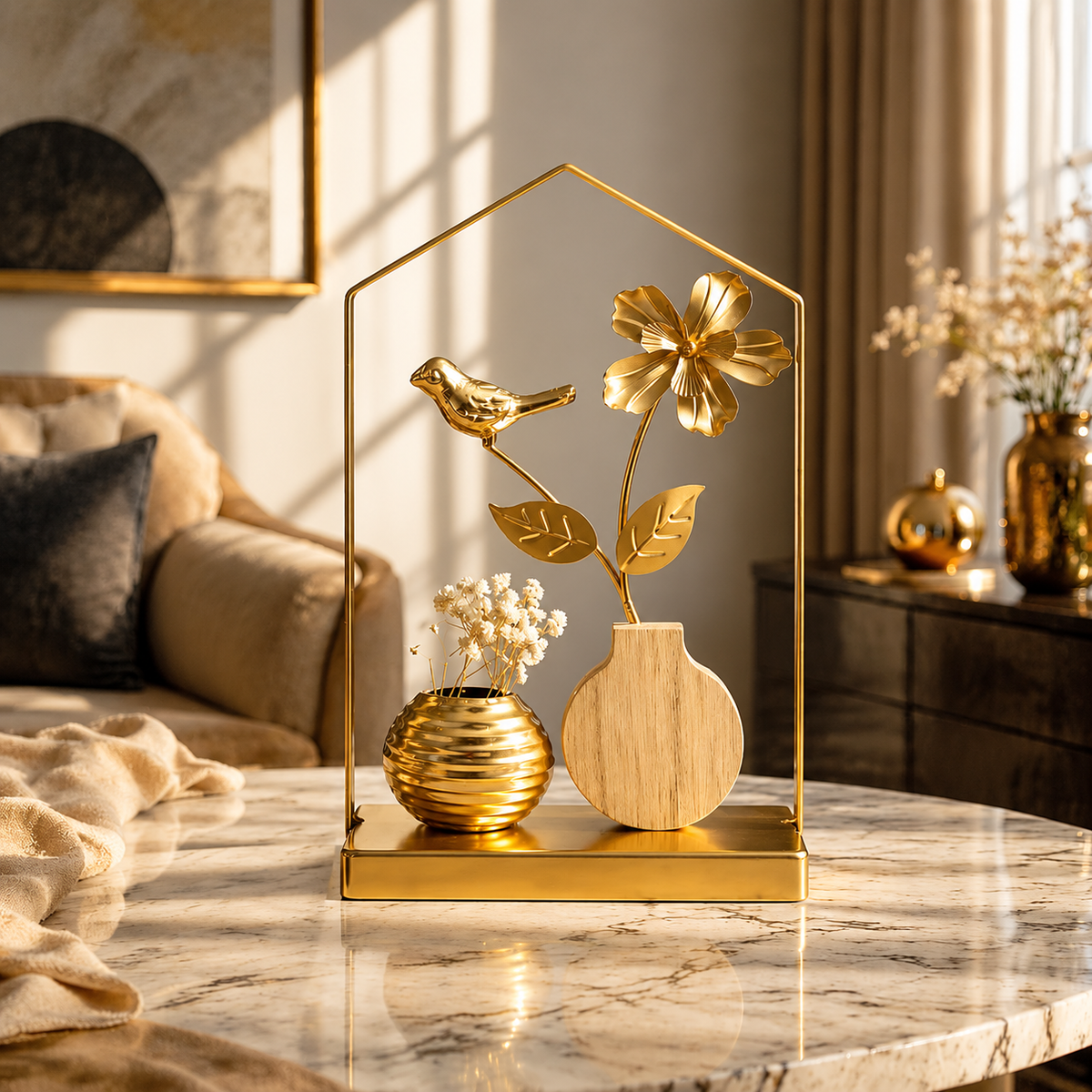 Luxury Golden Bird & Floral Frame Decor with Mini Vase Set – Elegant Tabletop Home Accent Piece