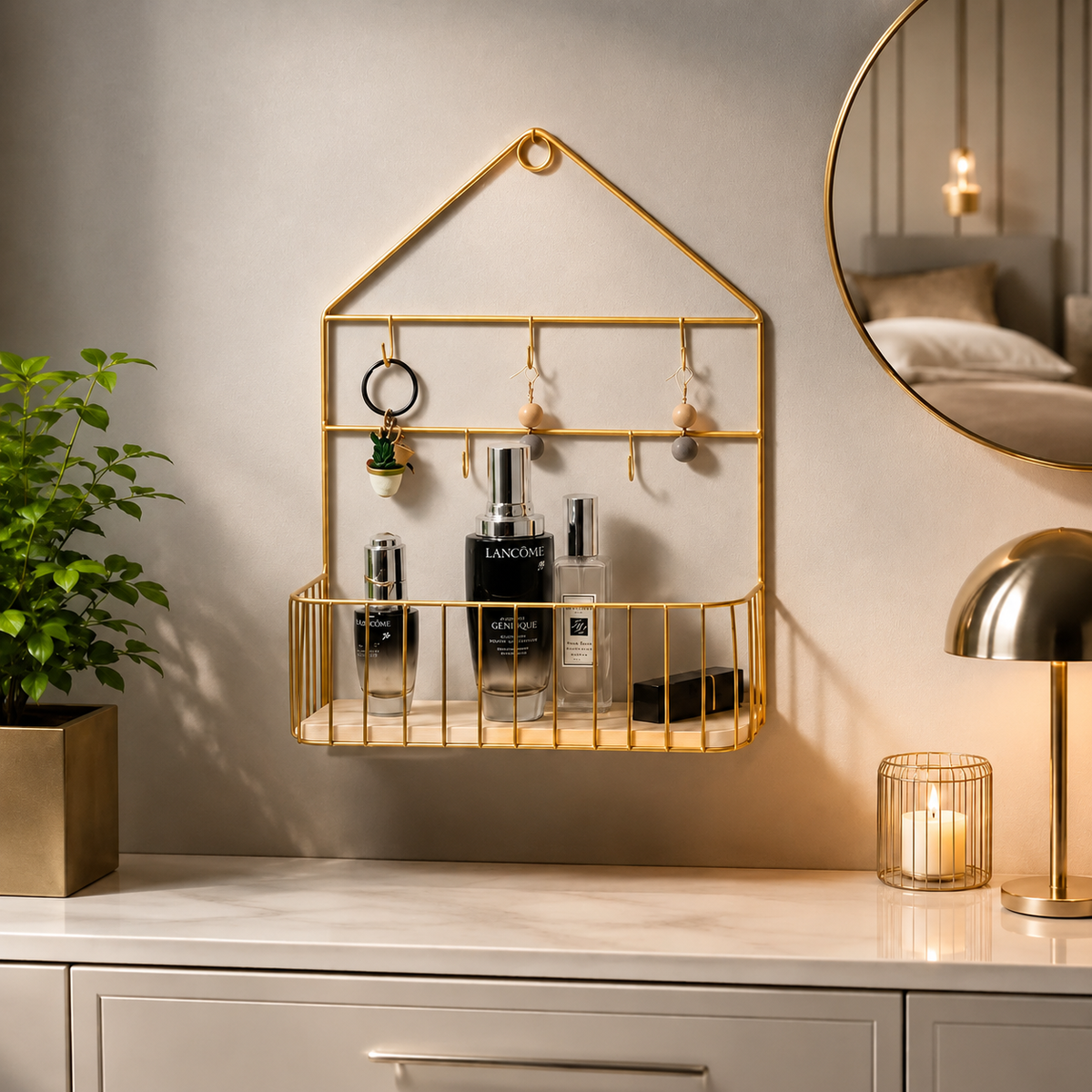 Luxury Nordic Wall Mounted Organizer Shelf With Hooks & Storage Basket For Vanity, Bedroom & Entryway
