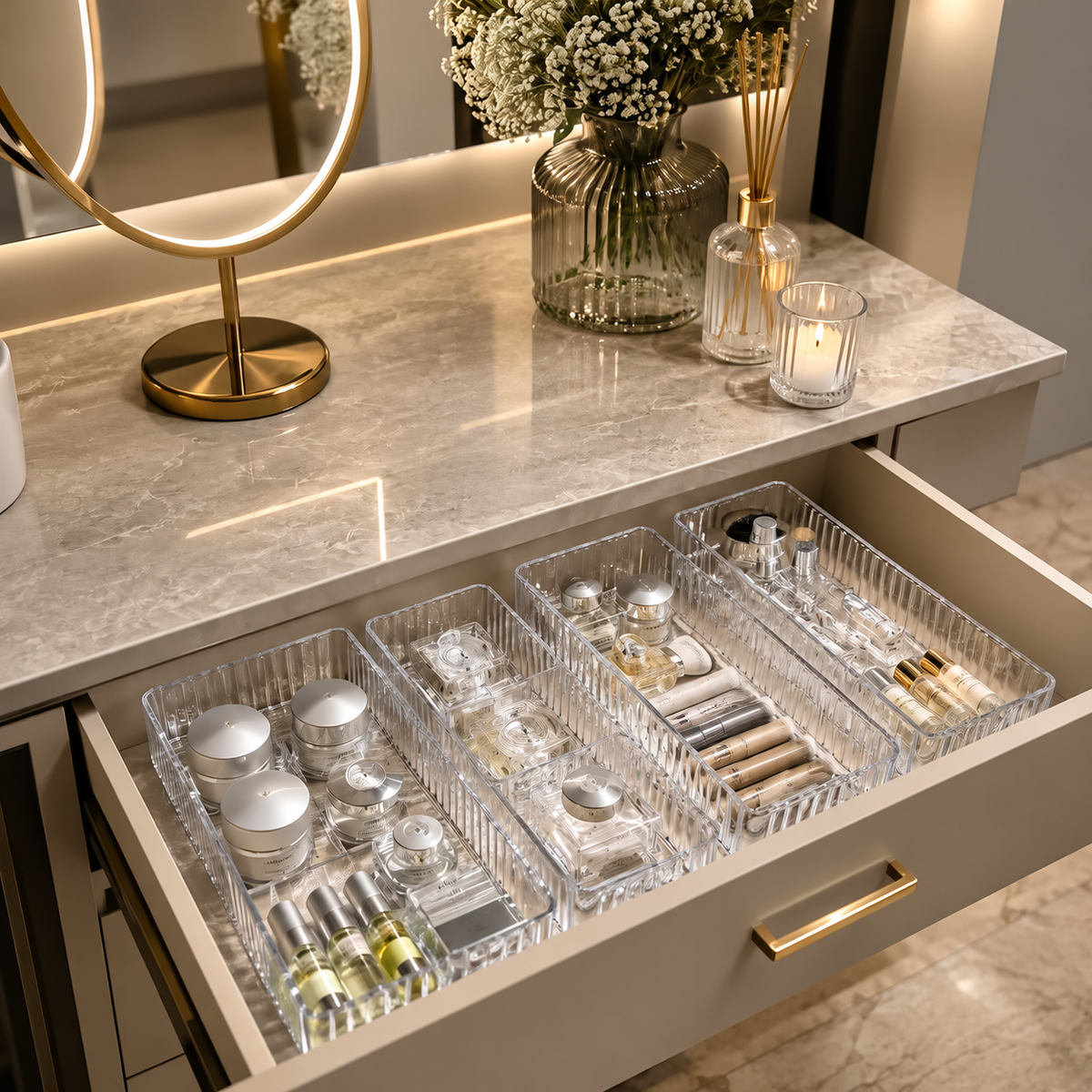 Clear Acrylic Drawer Organizer Tray Set – Multi-Purpose Makeup & Vanity Storage Containers (3 Pcs Set)