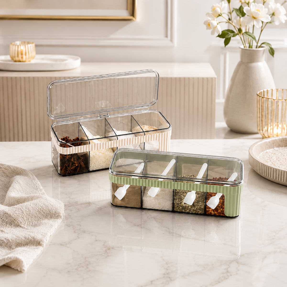 4-Compartment Acrylic Spice Storage Box with Spoons & Airtight Lid | Multi-Section Kitchen Seasoning Organizer (1 Pc)