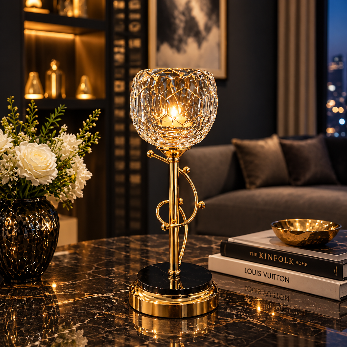 Luxury Crystal Glass Candle Holder with Metal Stand – Elegant Table Decor (1 Pc)